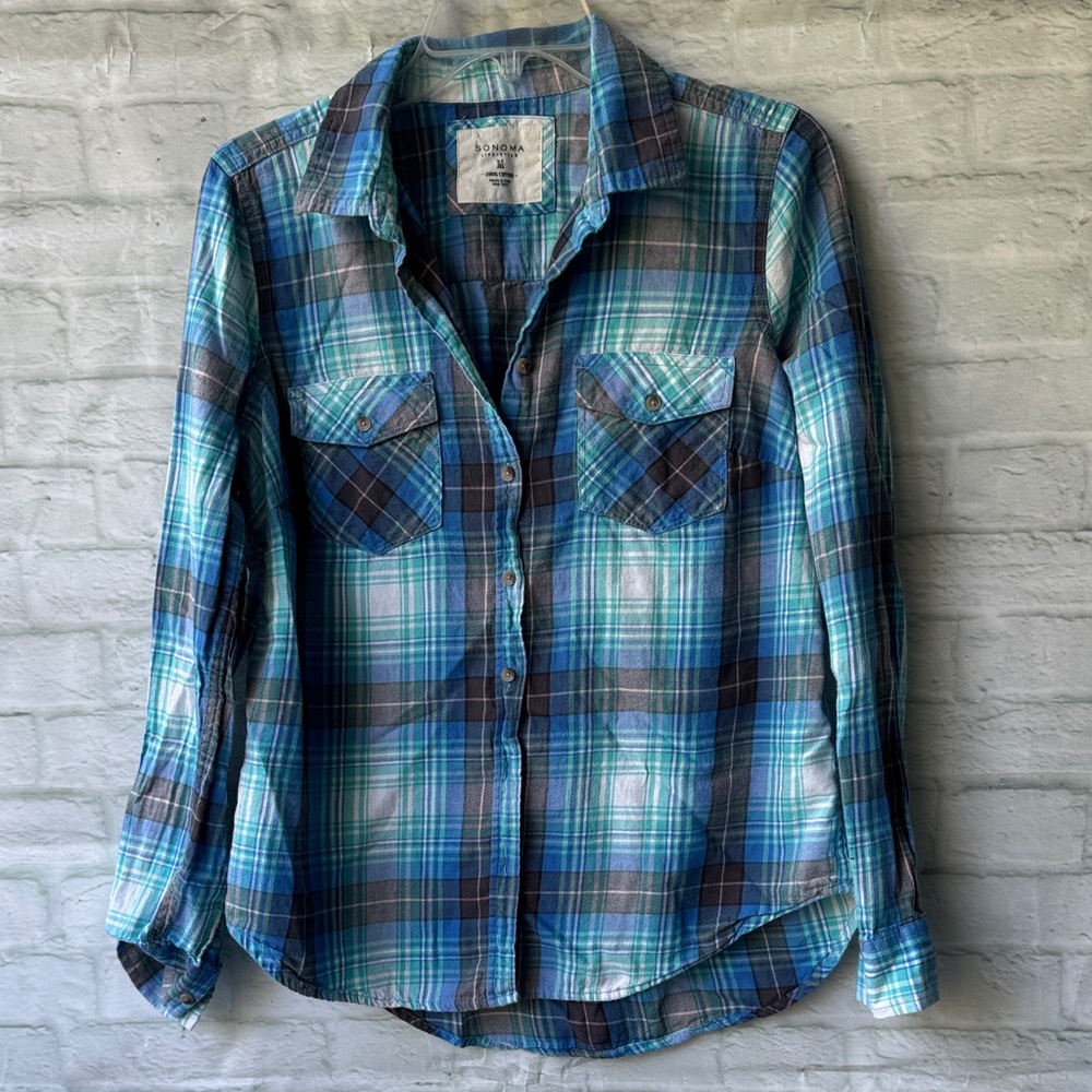 Sonoma Blue and Green Plaid Button Down Shirt